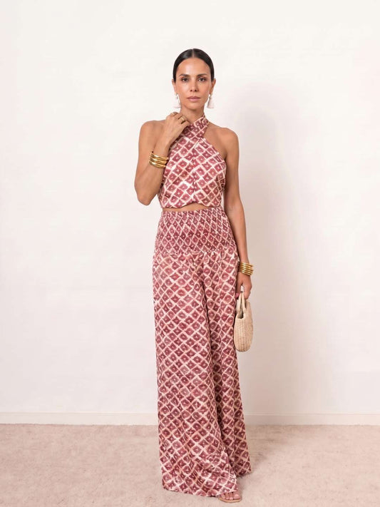 Printed halter neck top and long skirt set