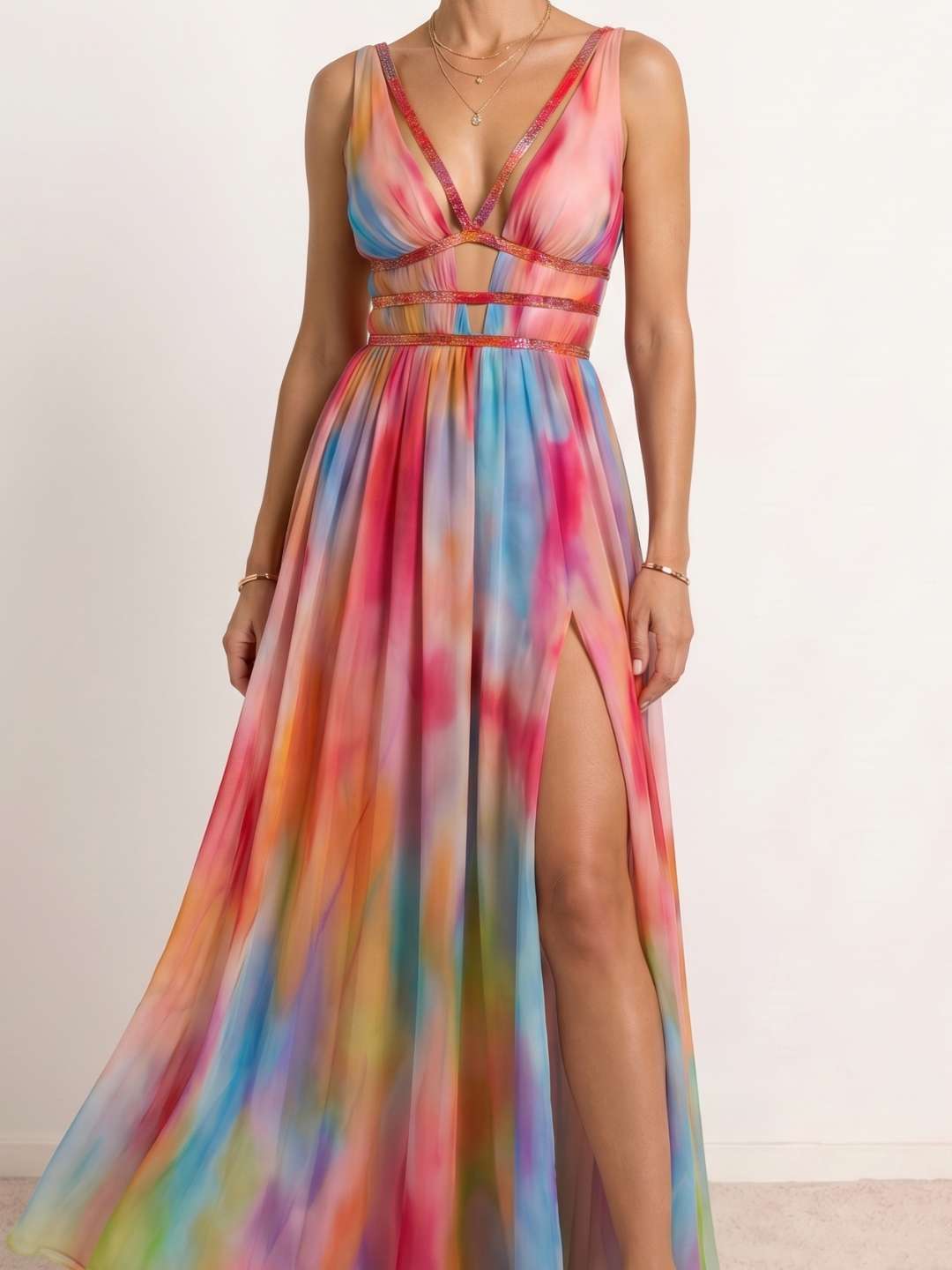Long multicolor print dress