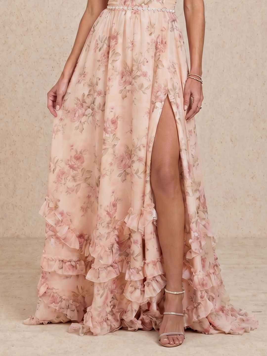 Long dress with a halter neckline and a slit