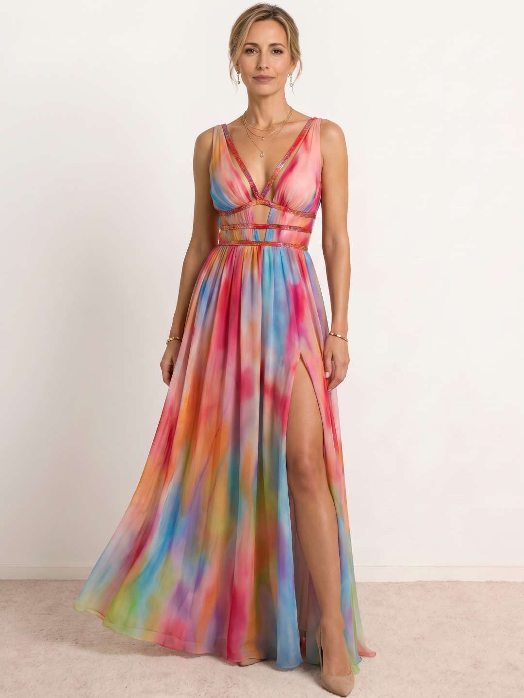 Long multicolor print dress