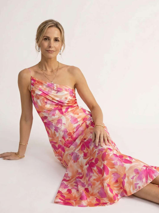 Printed midi dress with asymmetric neckline